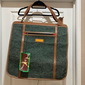 NWT Vintage Oscar De La Renta Tan & Green Tweed Folding Garment Bag Luggage Keys